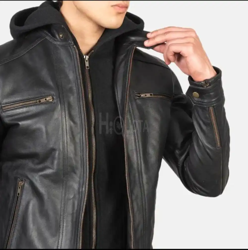 New genuine cowhide leather jacket with removable hoodie